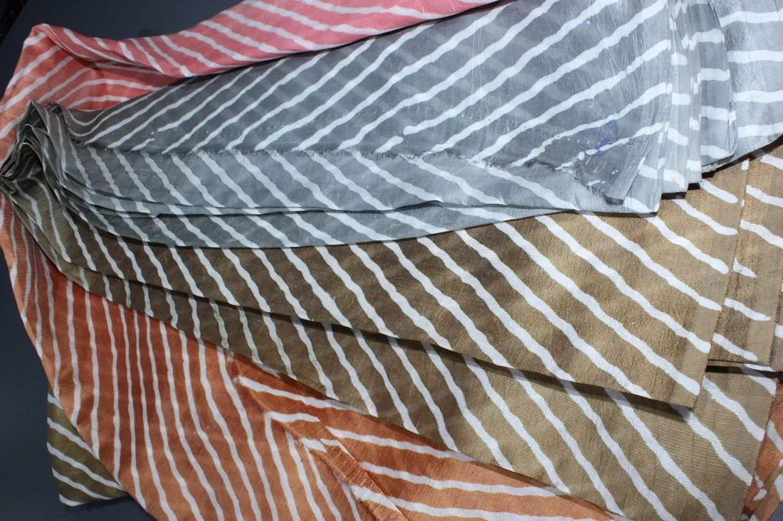 100% silk fabric 14 MM STRIPED BLOCK PRINT fabric 44&quot; wide BARK BROWN/BROWN/GREY/DUSTY PINK