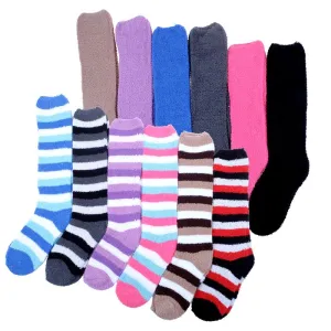 2 Pairs Women Microfibre Knee High Socks 52cm Length Stripe & Plain Colours