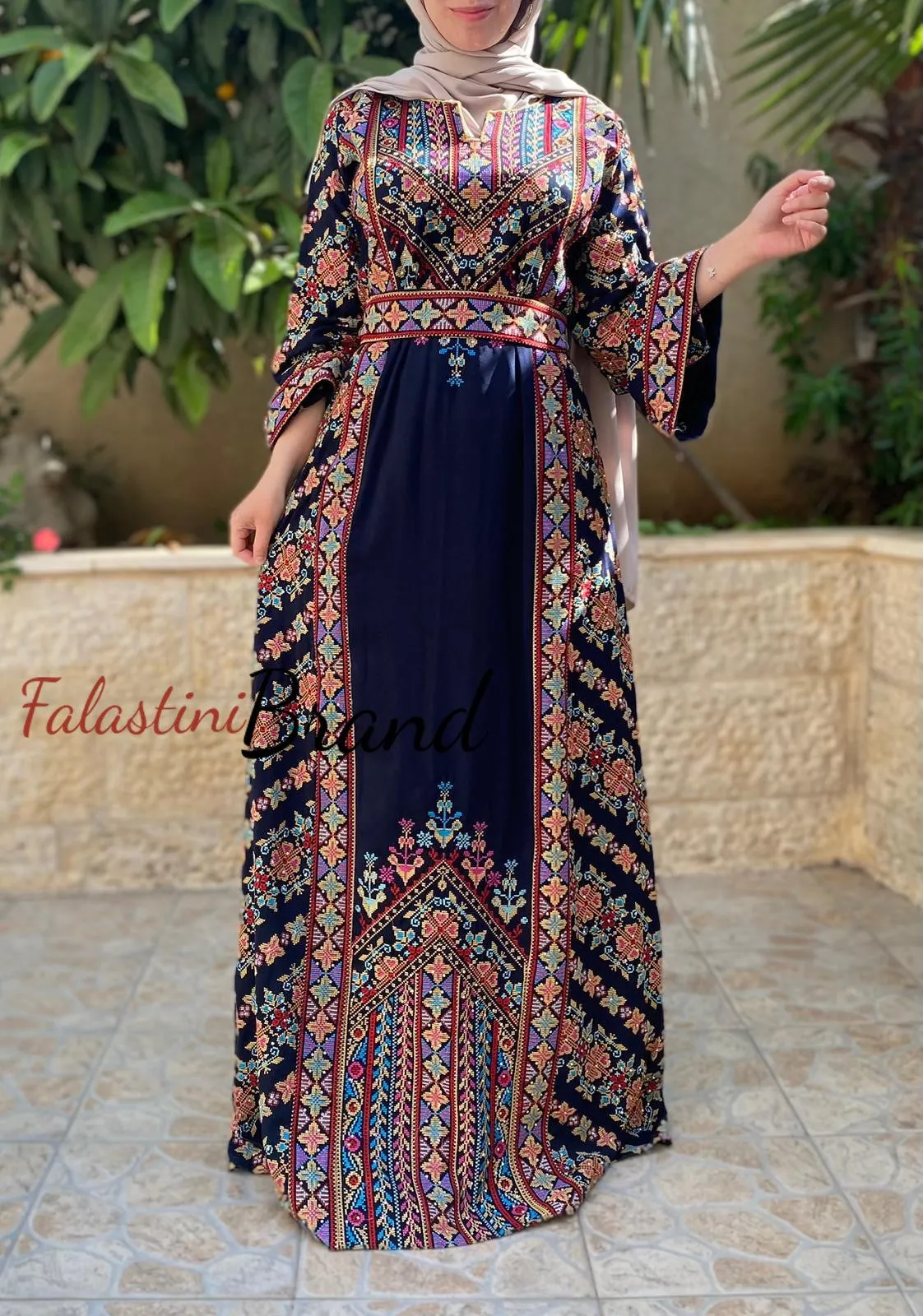 Amazing Dark Navy Multi Color Palestinian Embroidered Thobe Dress With Astonishing Embroidery