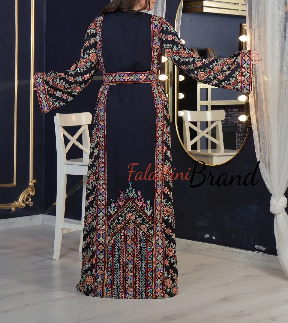 Amazing Dark Navy Multi Color Palestinian Embroidered Thobe Dress With Astonishing Embroidery