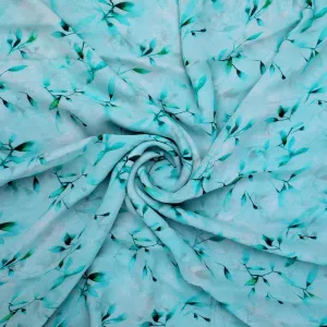 Attractive Sky Blue Leaves Digital Printed Fabric - Pure Georgette