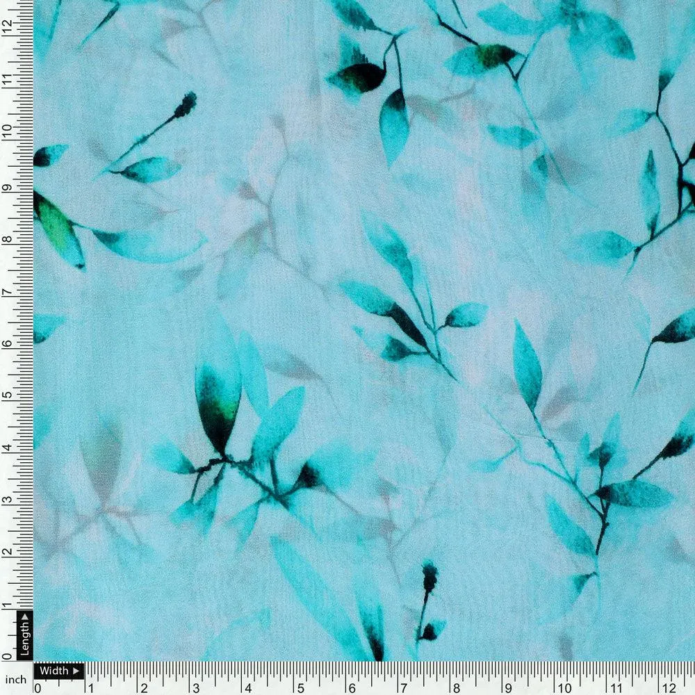 Attractive Sky Blue Leaves Digital Printed Fabric - Pure Georgette