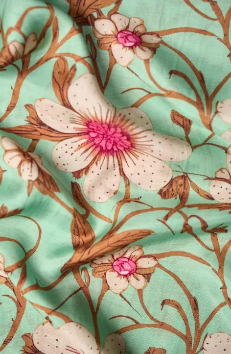 Big White Flower Pattern Printed Natural Muslin Silk Fabric