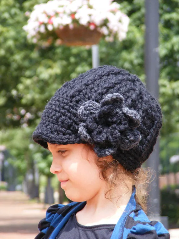 Black & charcoal gray flower beanie winter hat