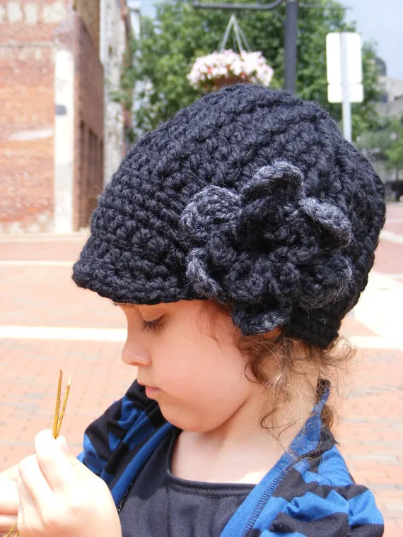 Black & charcoal gray flower beanie winter hat