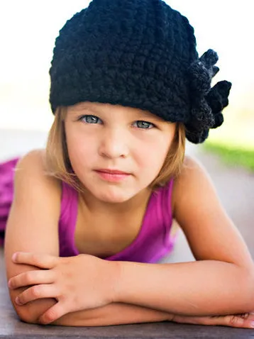 Black & charcoal gray flower beanie winter hat