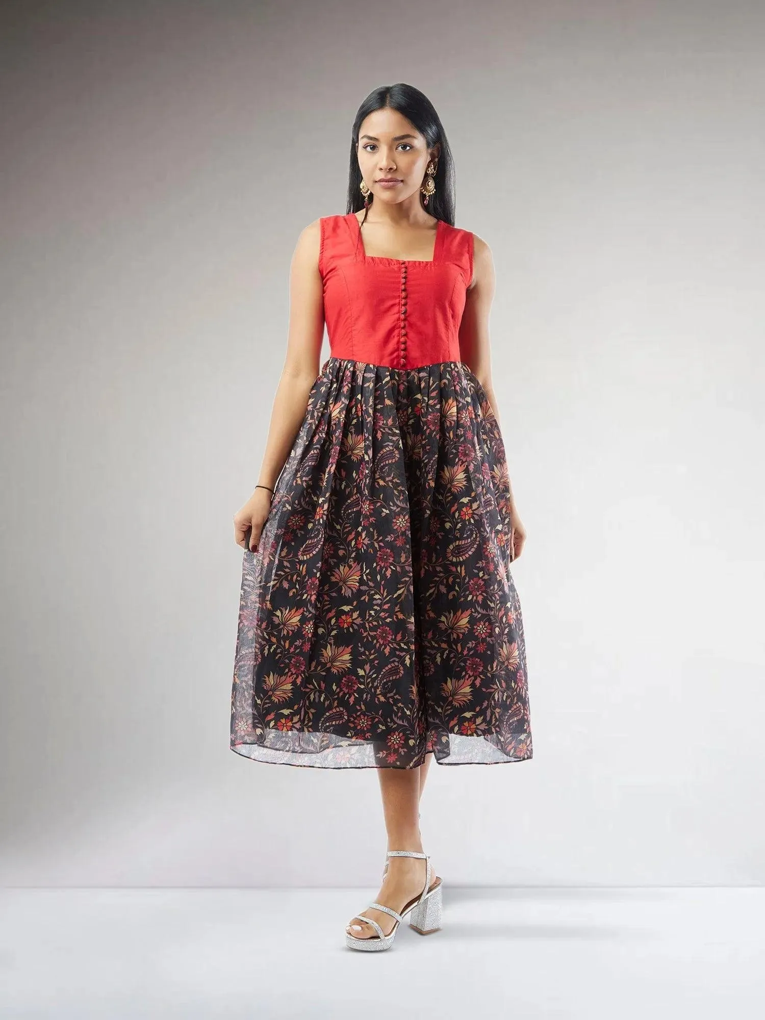 Black and Red Chanderi Printed Indo Western Dress