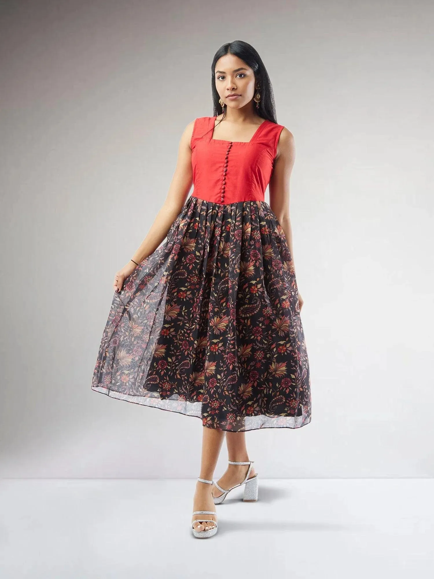 Black and Red Chanderi Printed Indo Western Dress