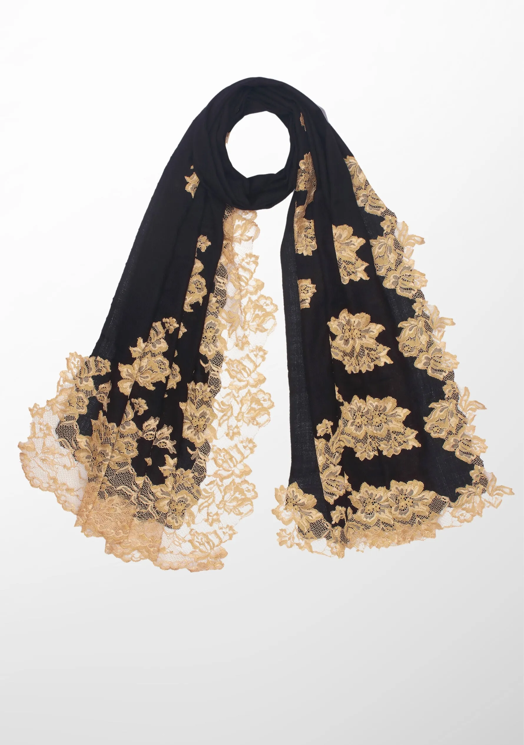 Black Cashmere Scarf with Gold Chantilly Lace