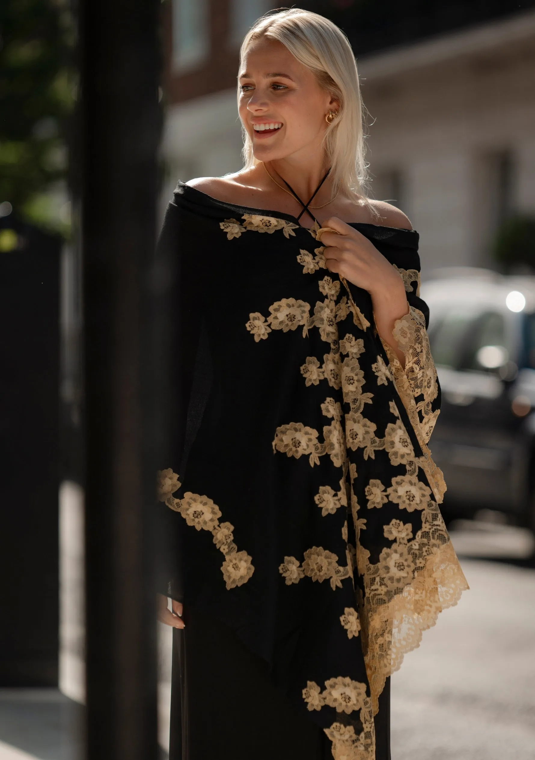 Black Cashmere Scarf with Gold Chantilly Lace