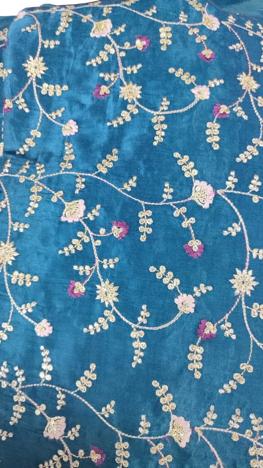 Blue Embroidered Gajji Silk: Stylish and Trendy Fabric ( 1 Mtr )