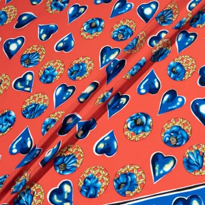 Blue Heart Printed Red Pure Silk Crêpe de Chine