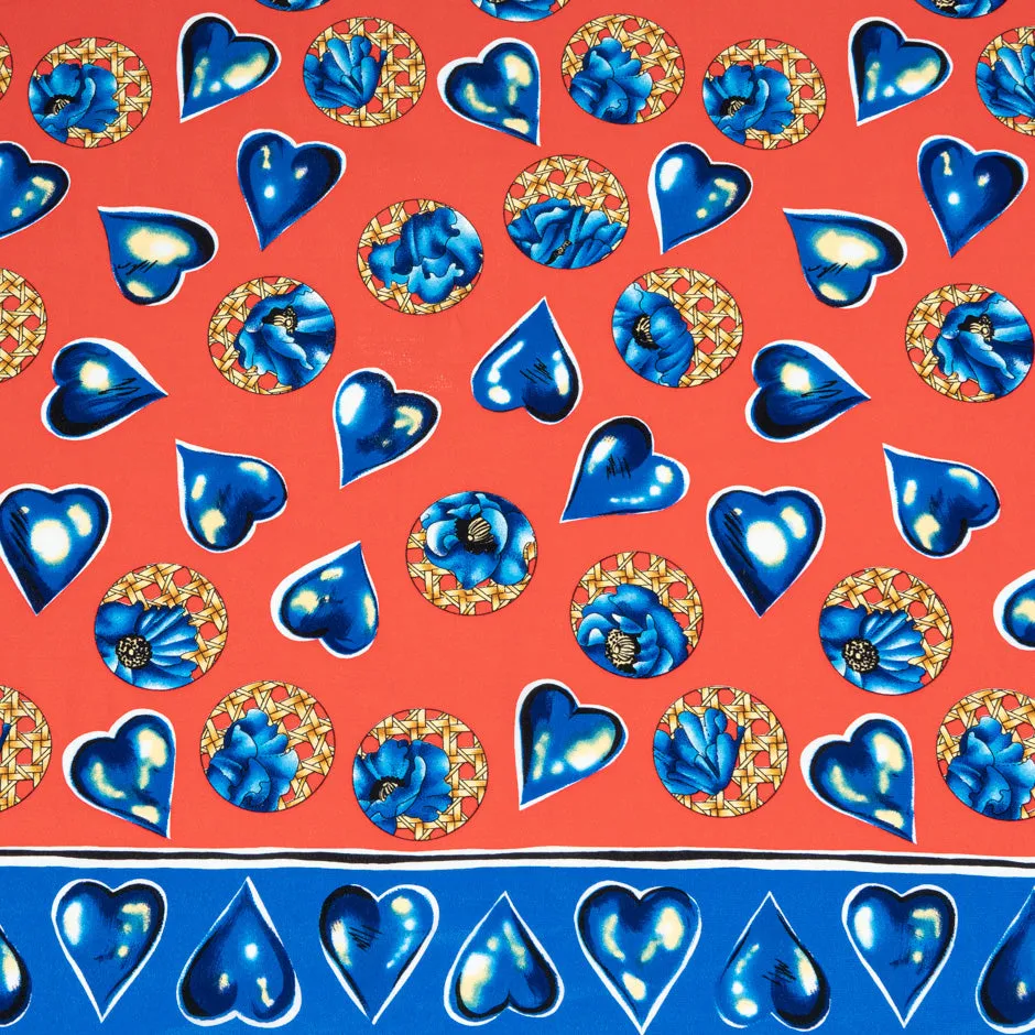 Blue Heart Printed Red Pure Silk Crêpe de Chine