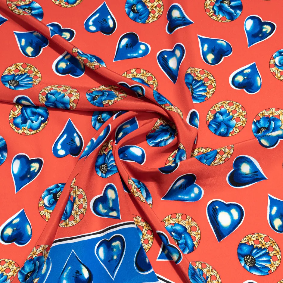 Blue Heart Printed Red Pure Silk Crêpe de Chine