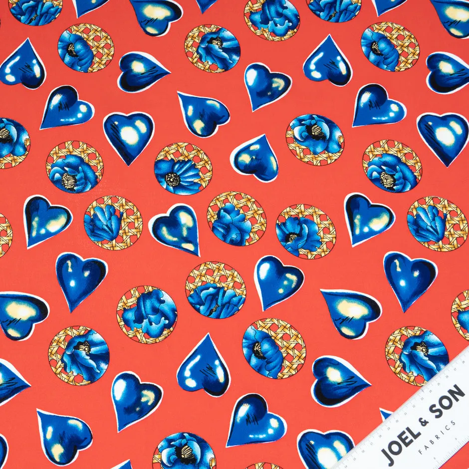 Blue Heart Printed Red Pure Silk Crêpe de Chine