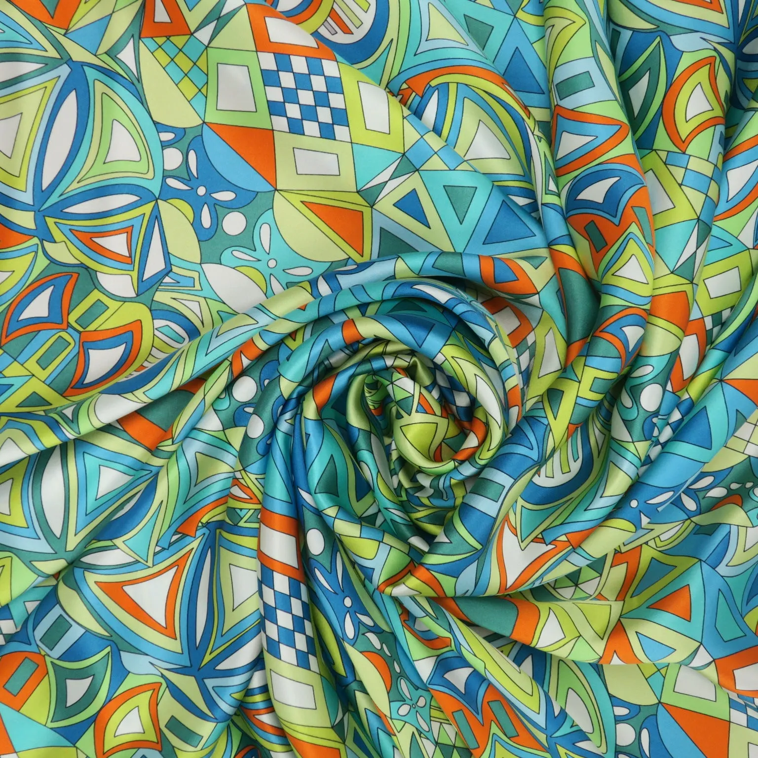 Blue, Orange and Green Abstract Printed Silk Charmeuse Fabric