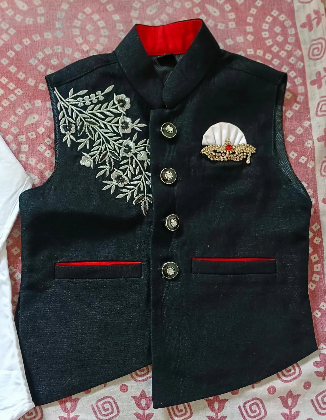 Boys Party Wear Outfit With Pure Cotton white Shirt with Black Half Jacket and Trouser