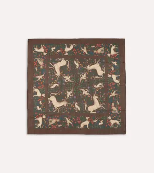 Brown Unicorn Print Wool-Silk Square Scarf