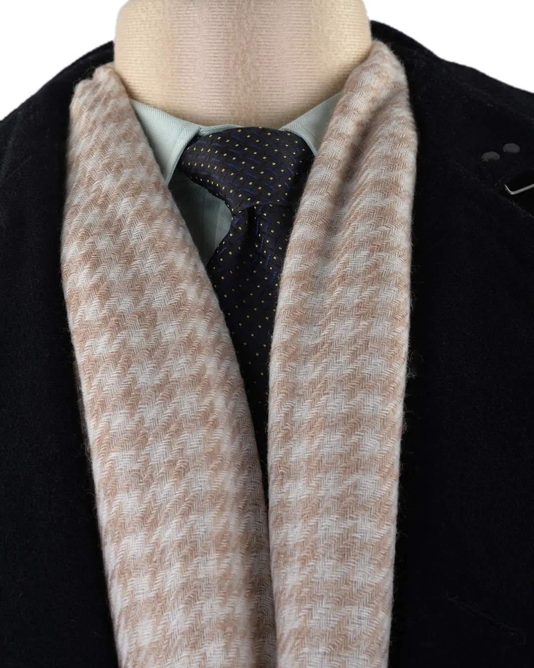 Cashmere Wool Scarf Tan Cream Checks Twill