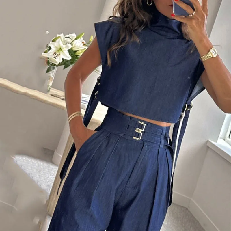 Casual Belt Decorative High-neck Short-Sleeved Suit