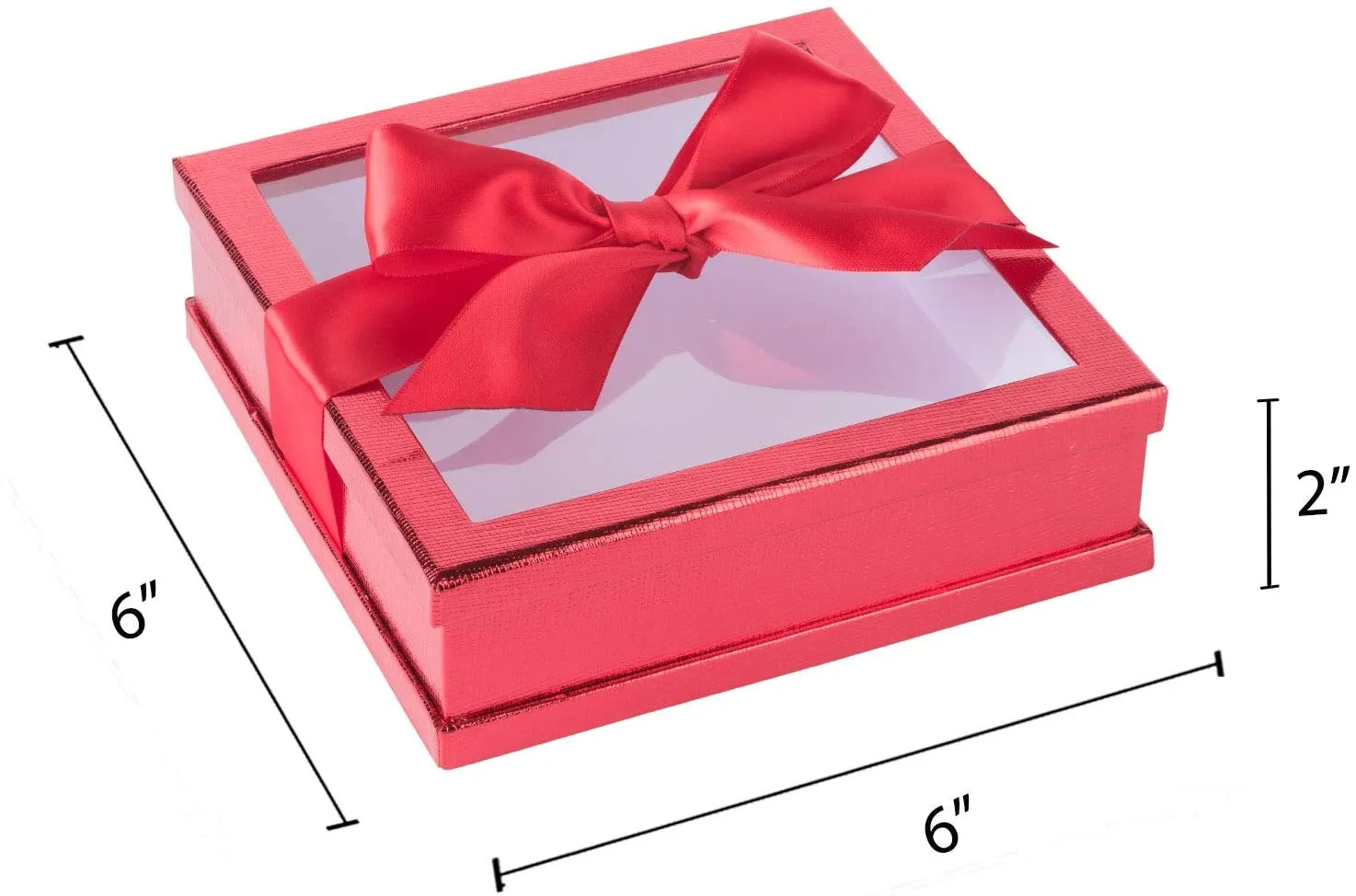 Clear Window Gift Boxes Red 6" X 6" X 2" 6 Pack With Ribbon