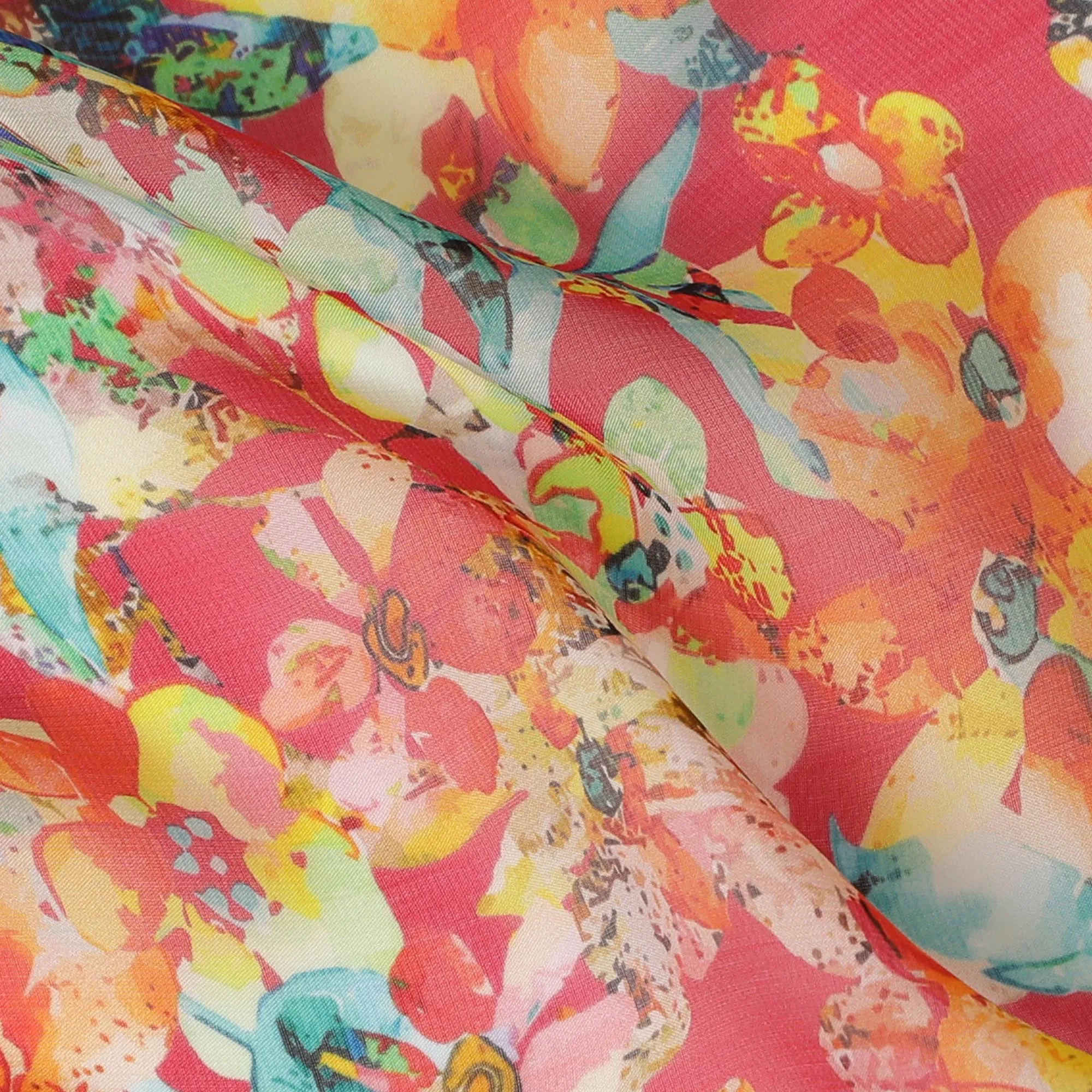 Coral Red Synthetic Chiffon Fabric with Colorful Dragonfly Print, 140 cm Wide-D19111