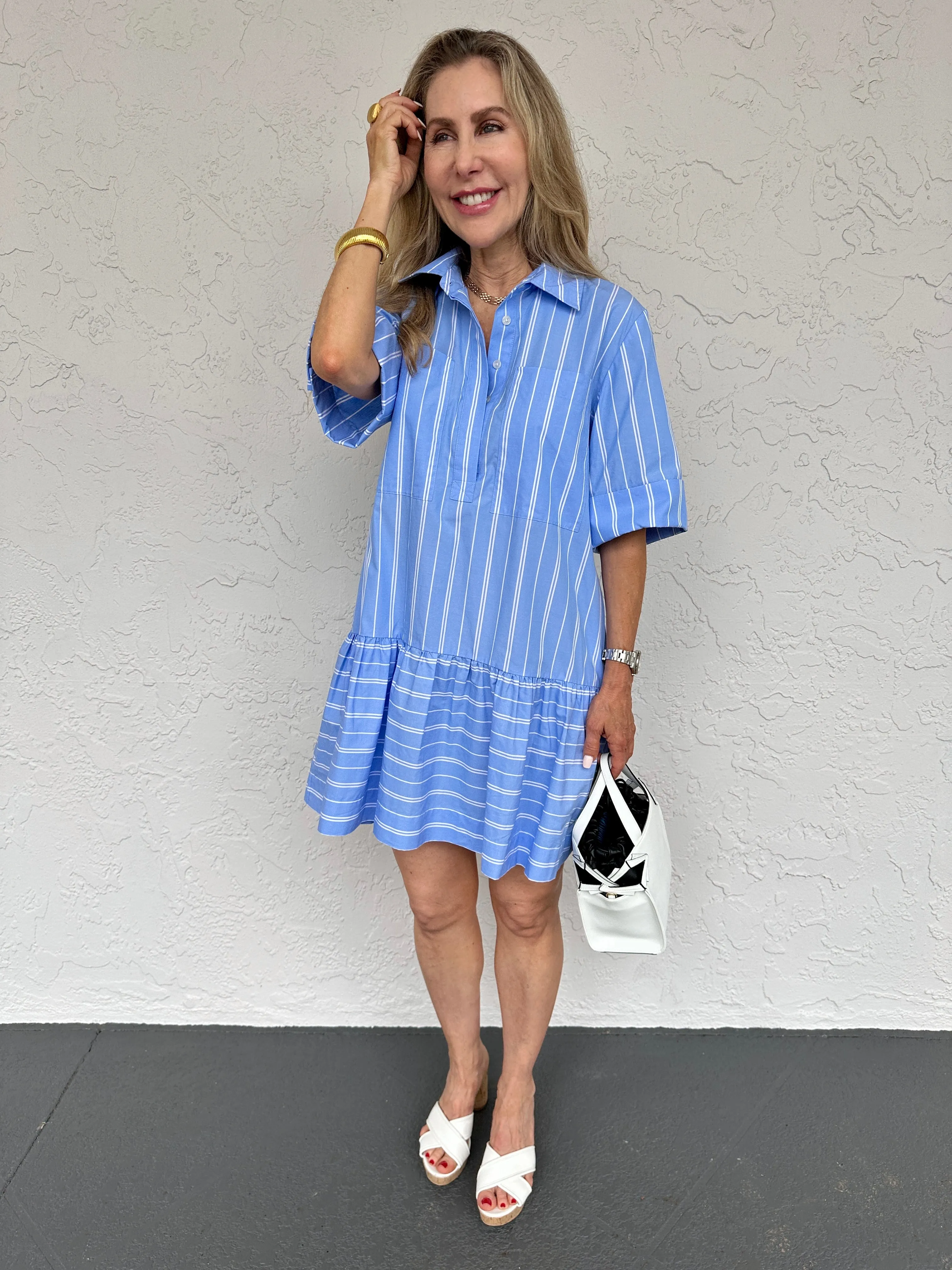 Cris Short Sleeve Shirt Dress - Wide Oxford Blue Stripe