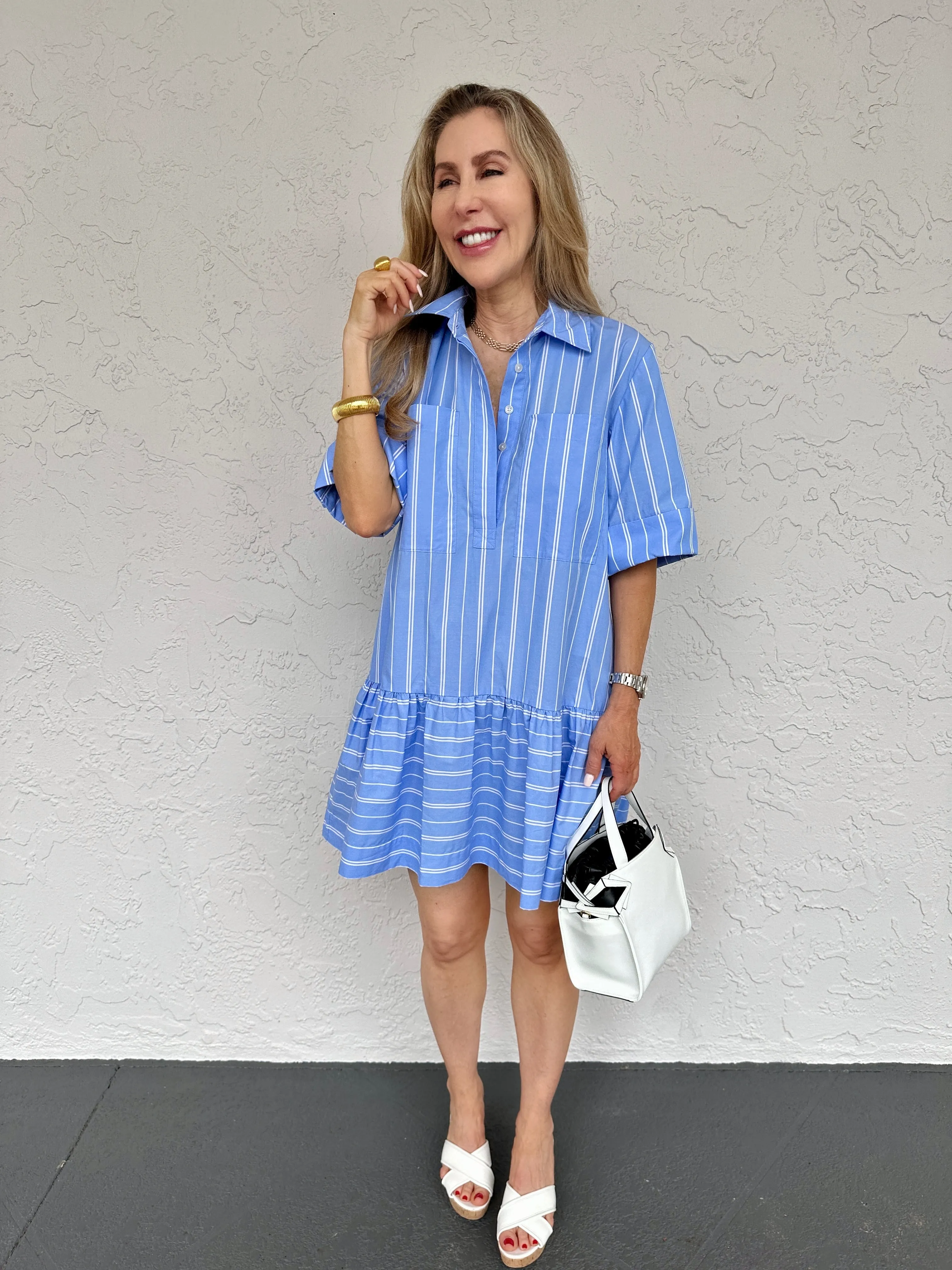 Cris Short Sleeve Shirt Dress - Wide Oxford Blue Stripe