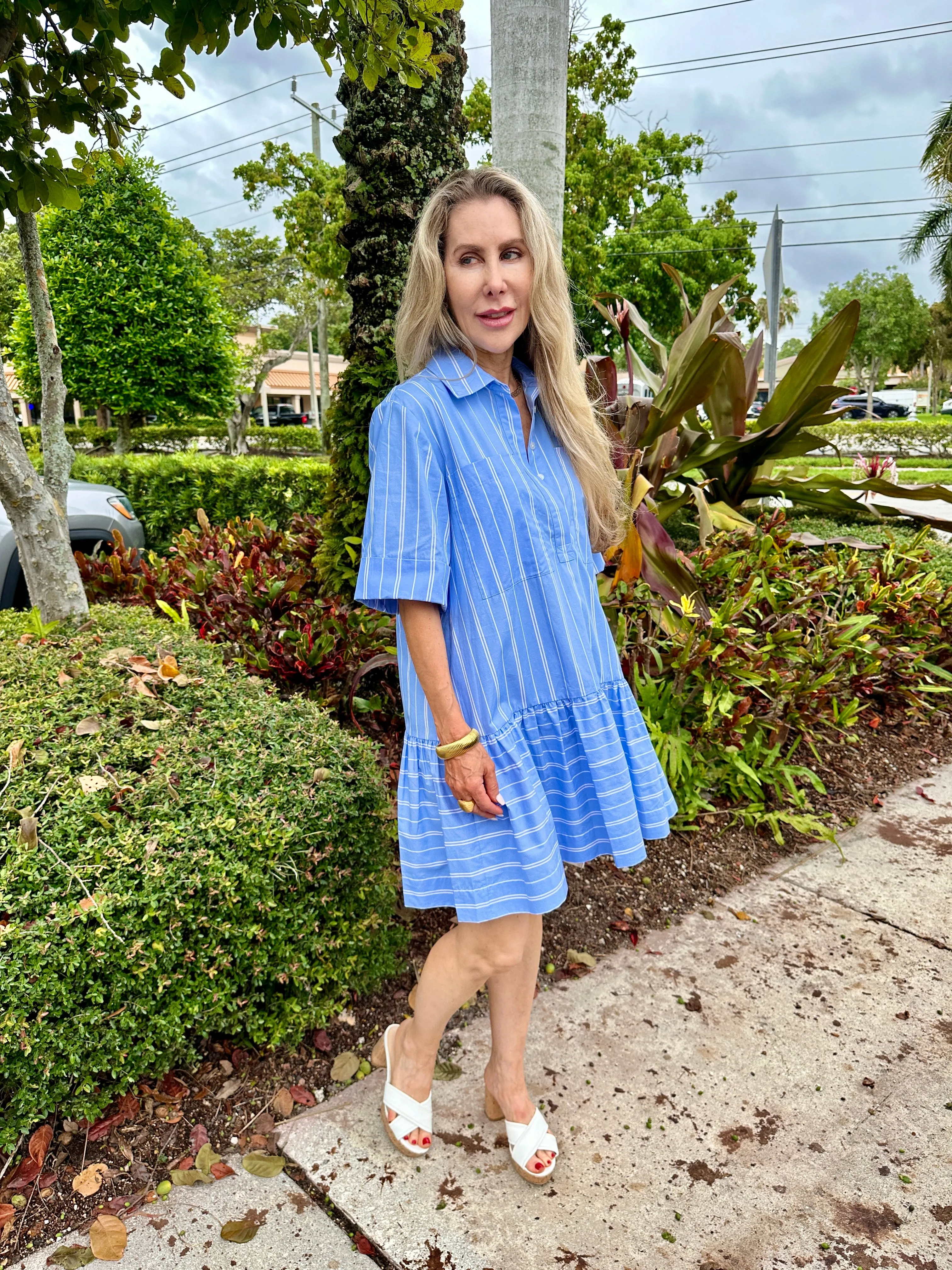 Cris Short Sleeve Shirt Dress - Wide Oxford Blue Stripe