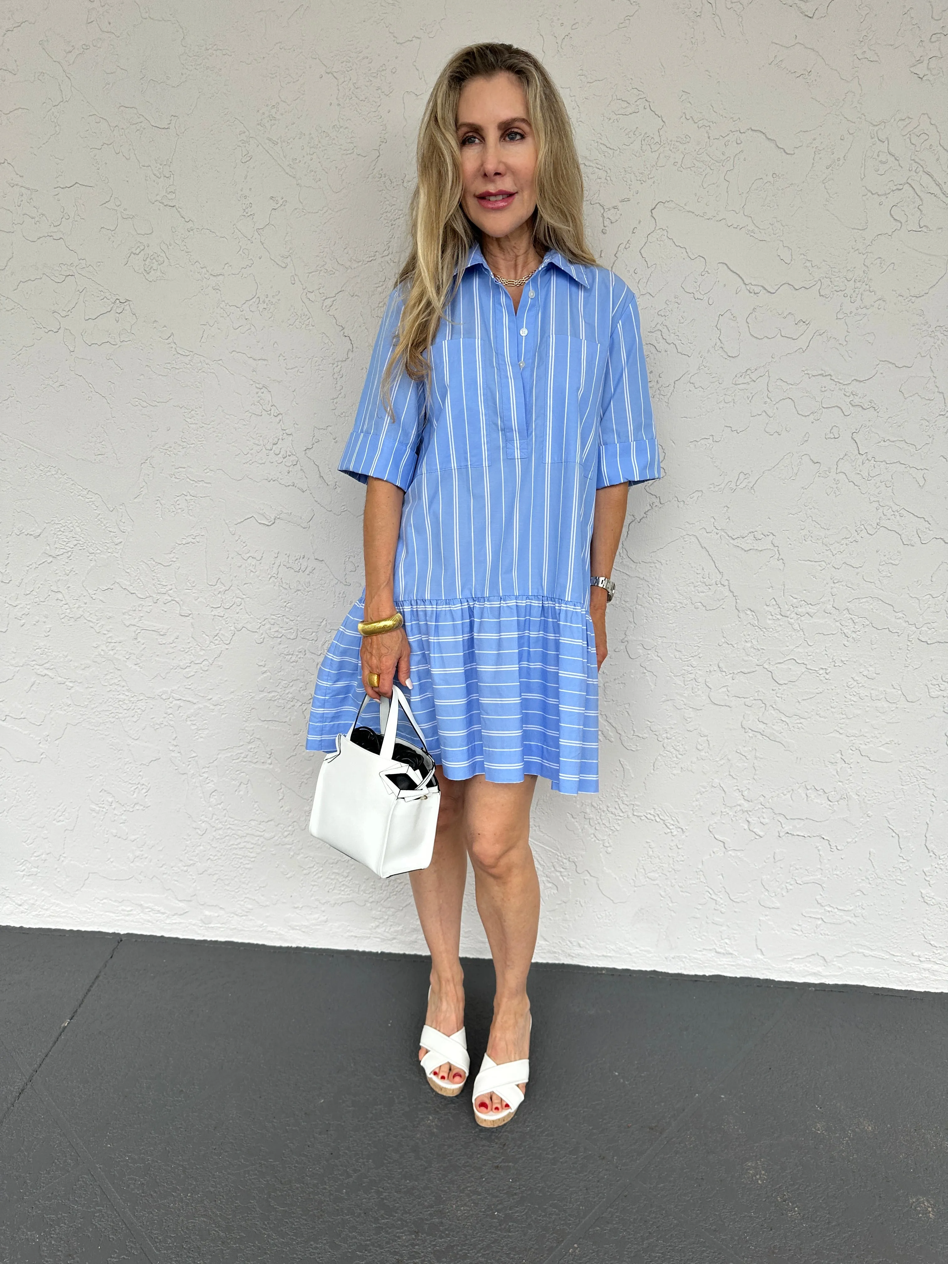 Cris Short Sleeve Shirt Dress - Wide Oxford Blue Stripe