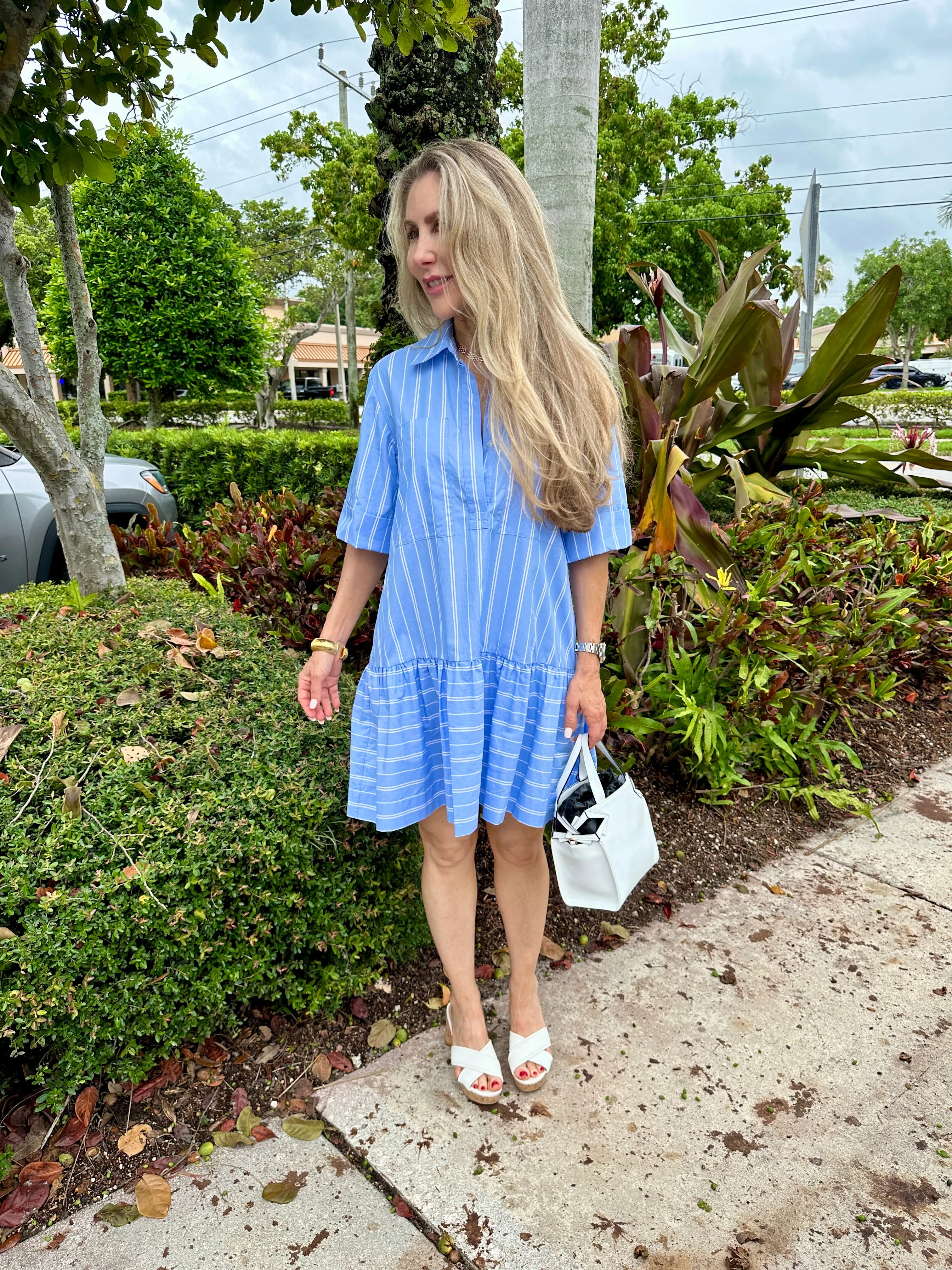 Cris Short Sleeve Shirt Dress - Wide Oxford Blue Stripe