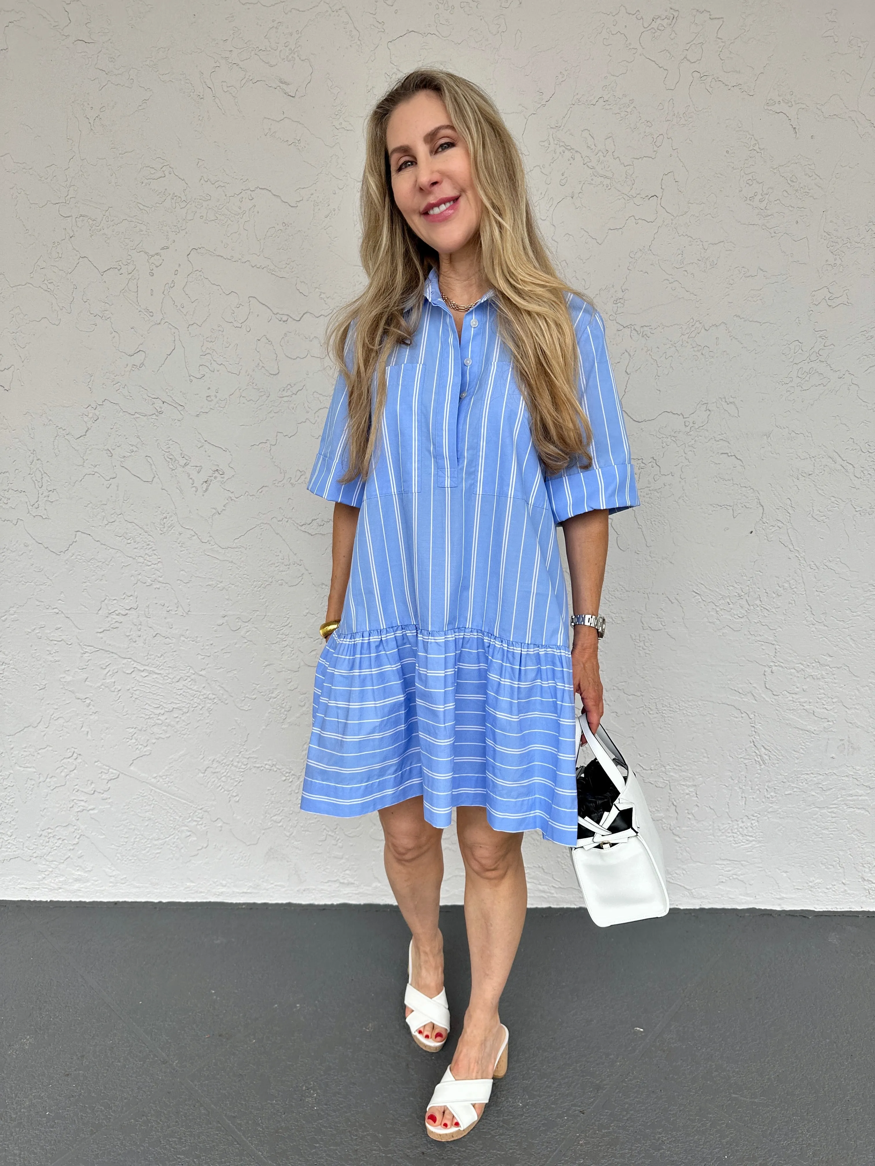 Cris Short Sleeve Shirt Dress - Wide Oxford Blue Stripe