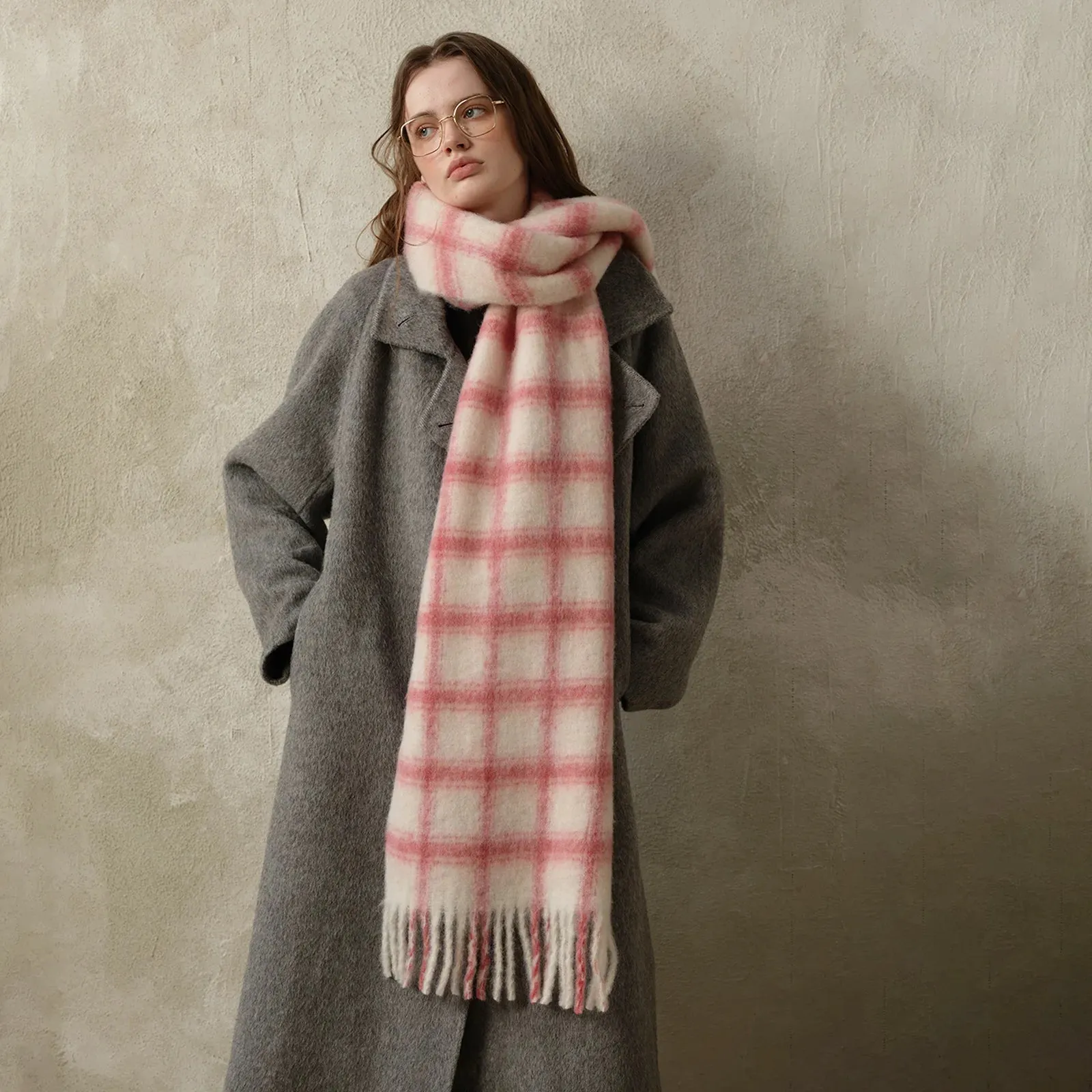 Design 20% Wool Plaid Scarf Women Autumn Winter Soft Simple Pink Scarf