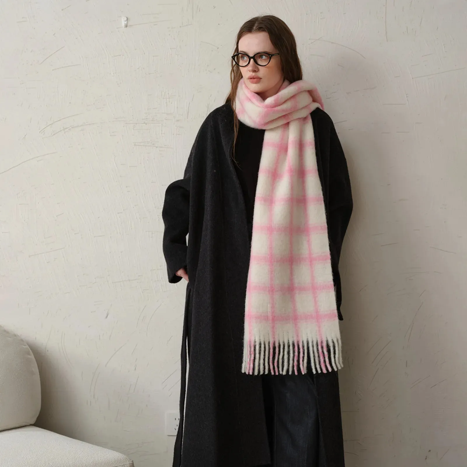 Design 20% Wool Plaid Scarf Women Autumn Winter Soft Simple Pink Scarf