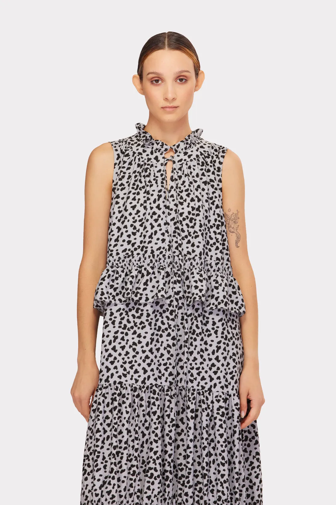 Designer Short Sleeveless Dress With Print Grey