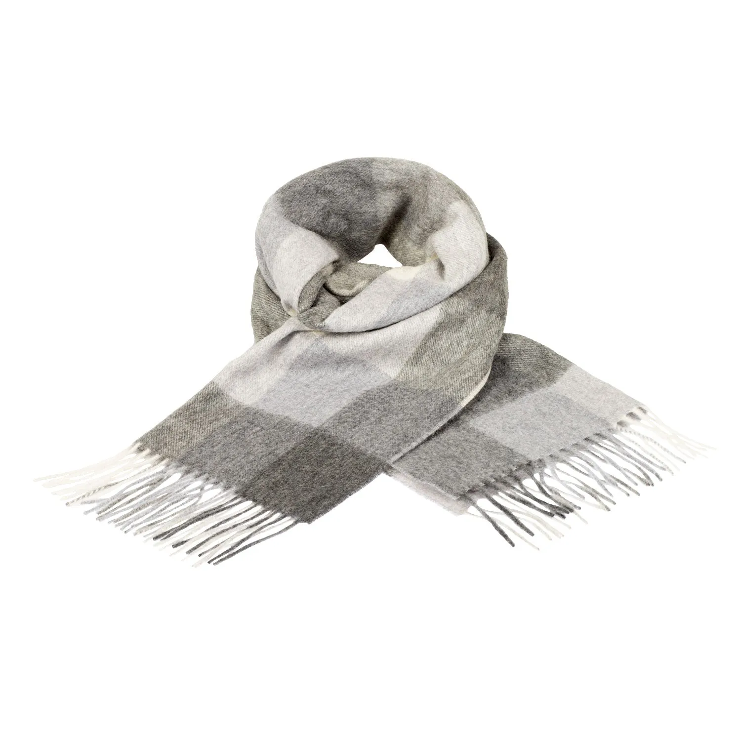 Edinburgh 100% Cashmere Wide Scarf  5 Square Check Grey