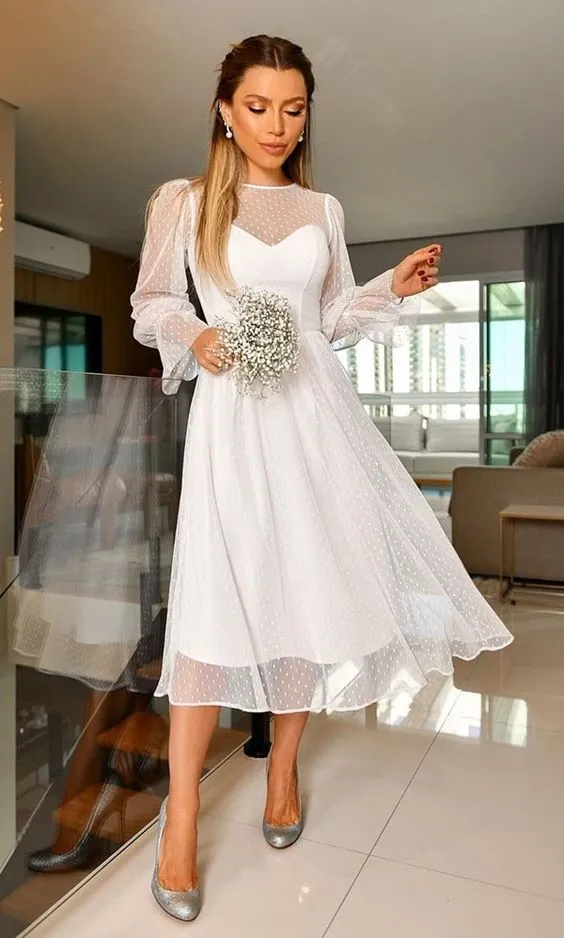 Elegant A-Line Long Sleeve Tea Length Wedding Dresses