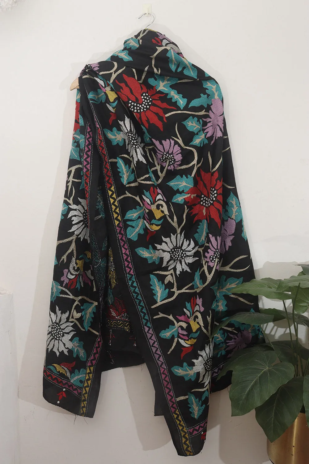 Elegant Black Hand Embroidered Kantha Silk Dupatta