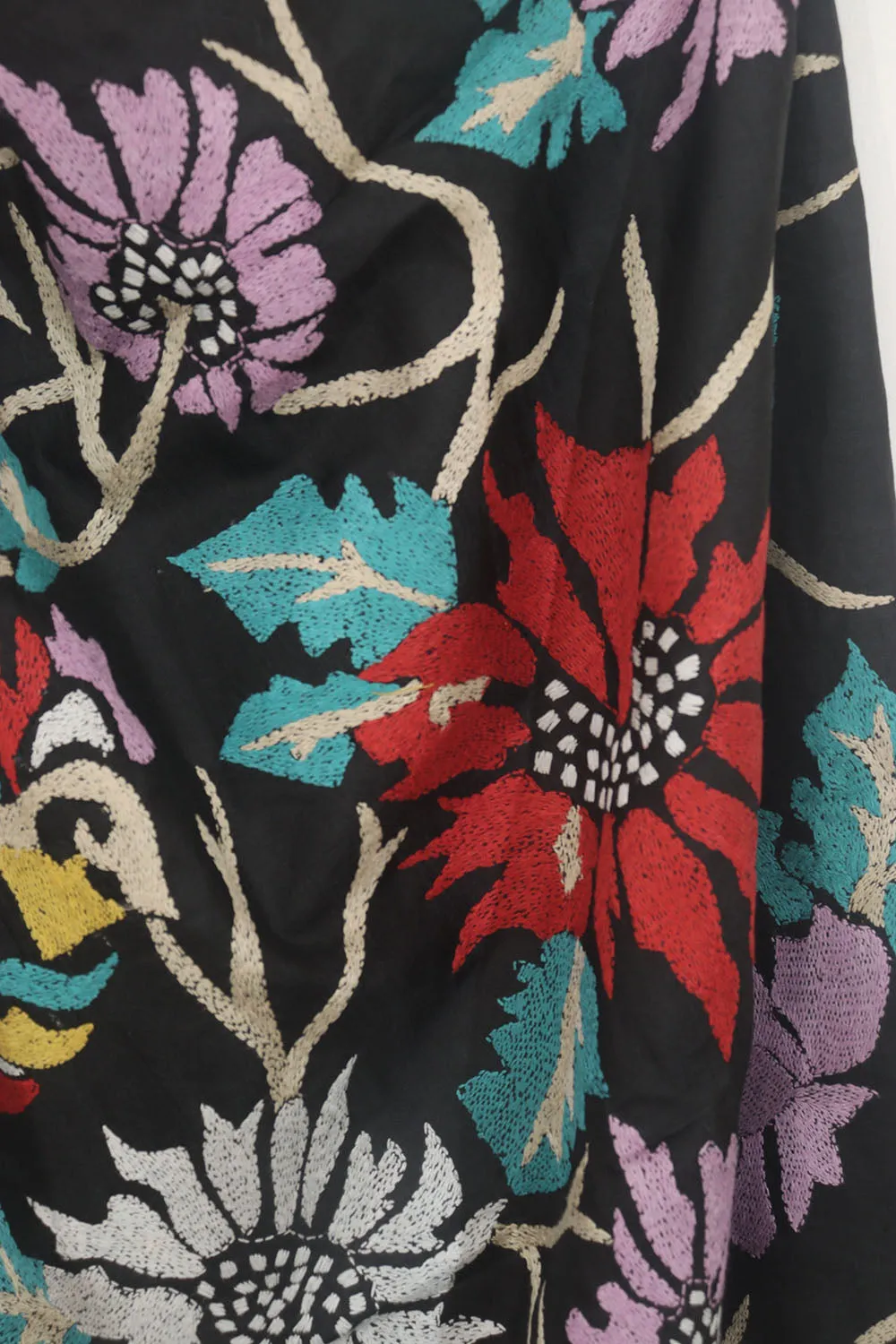 Elegant Black Hand Embroidered Kantha Silk Dupatta