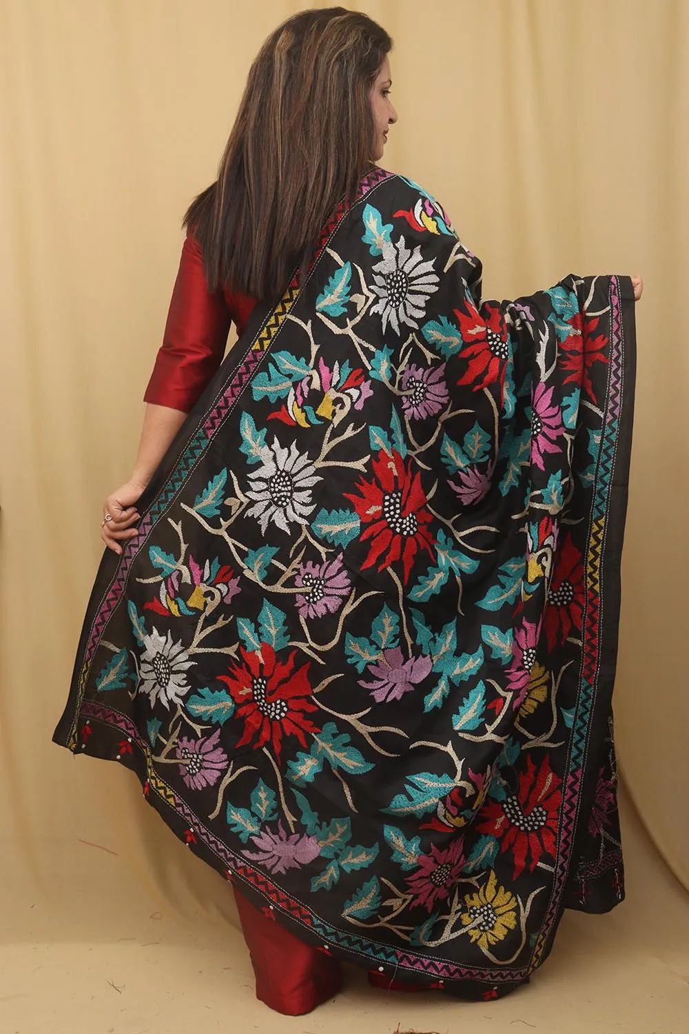 Elegant Black Hand Embroidered Kantha Silk Dupatta