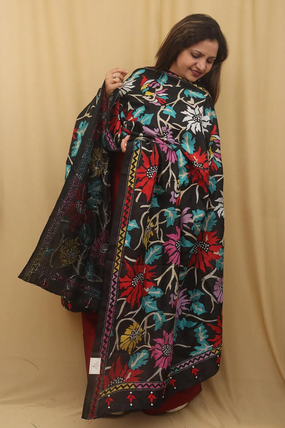 Elegant Black Hand Embroidered Kantha Silk Dupatta