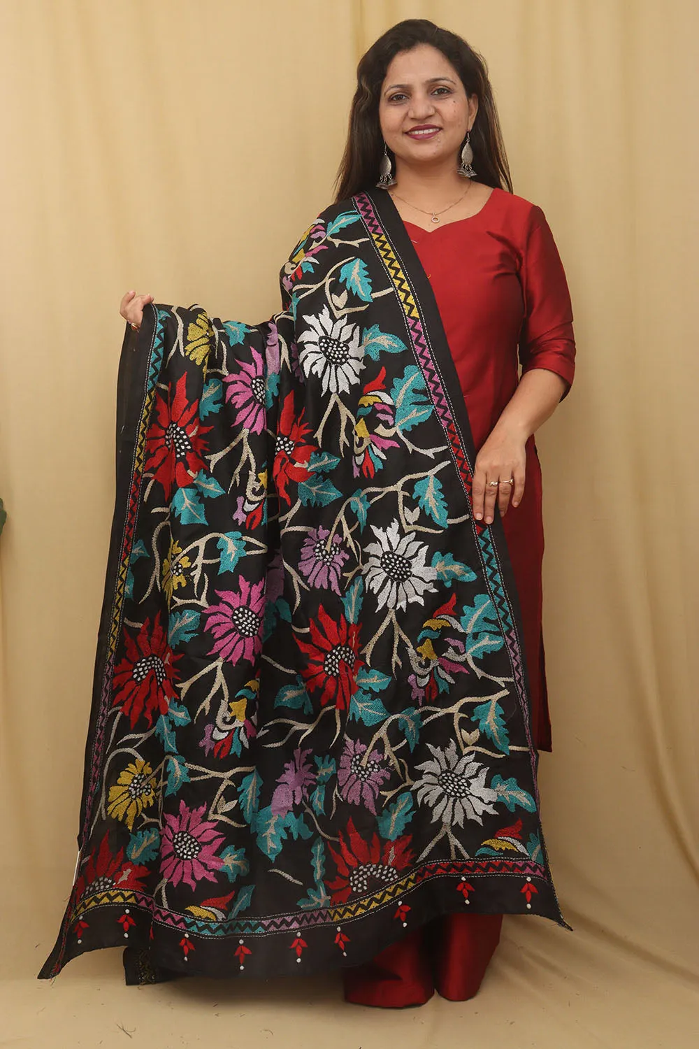 Elegant Black Hand Embroidered Kantha Silk Dupatta