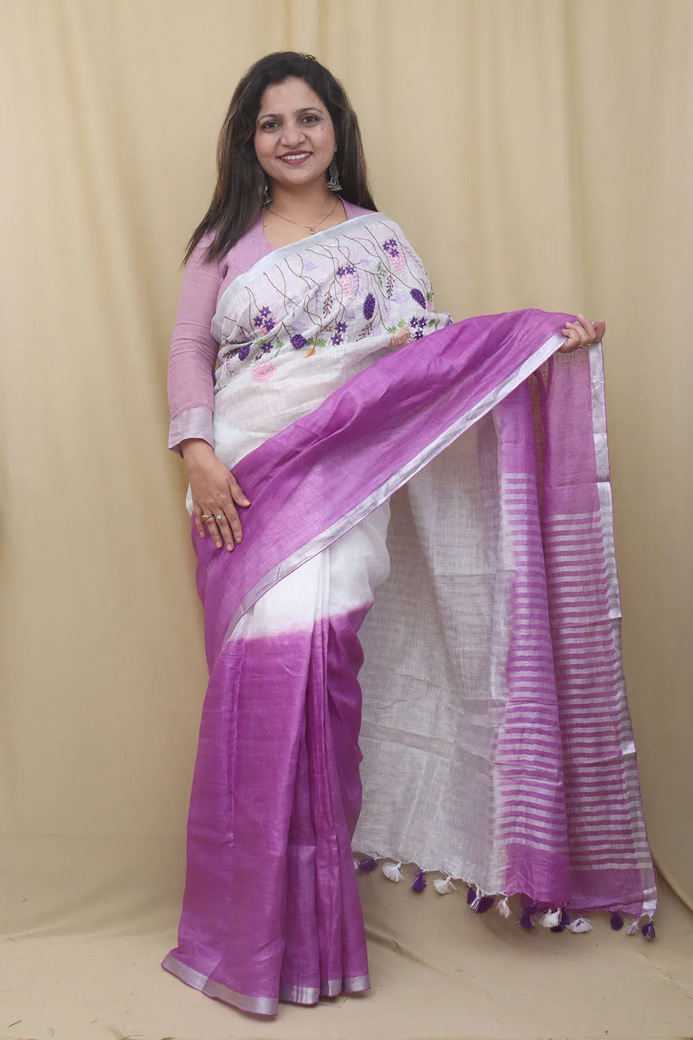 Elegant Embroidered Purple Linen Saree: Pure Luxury for Every Occasion