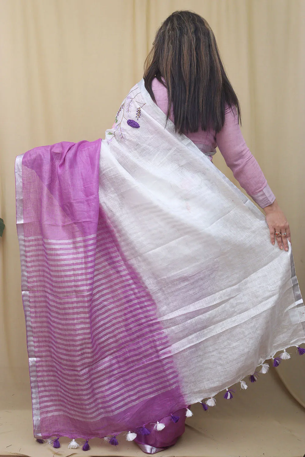 Elegant Embroidered Purple Linen Saree: Pure Luxury for Every Occasion