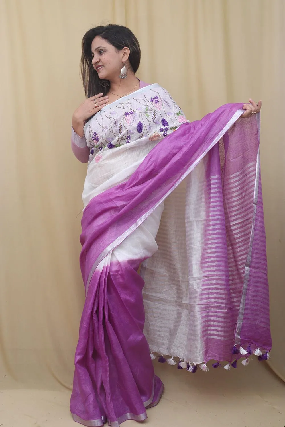 Elegant Embroidered Purple Linen Saree: Pure Luxury for Every Occasion