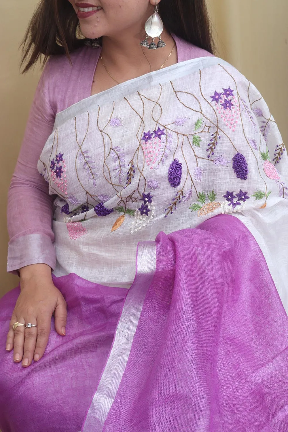 Elegant Embroidered Purple Linen Saree: Pure Luxury for Every Occasion