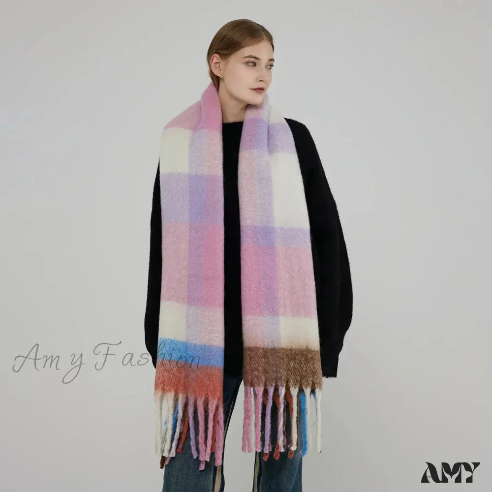 Elegant Minimalist Plaid Long Shawl Thickened Warm Scarf for Women