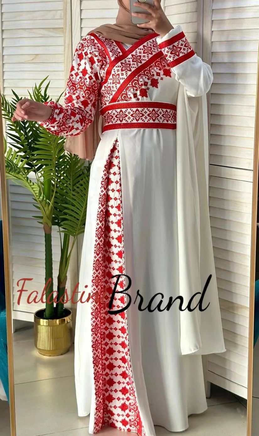 Elegant White and Red Shoulder Details Embroidered Dress