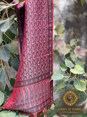 Exquisite Red Pure Silk Handloom Printed Banarasi Scarf by Shades of Benares