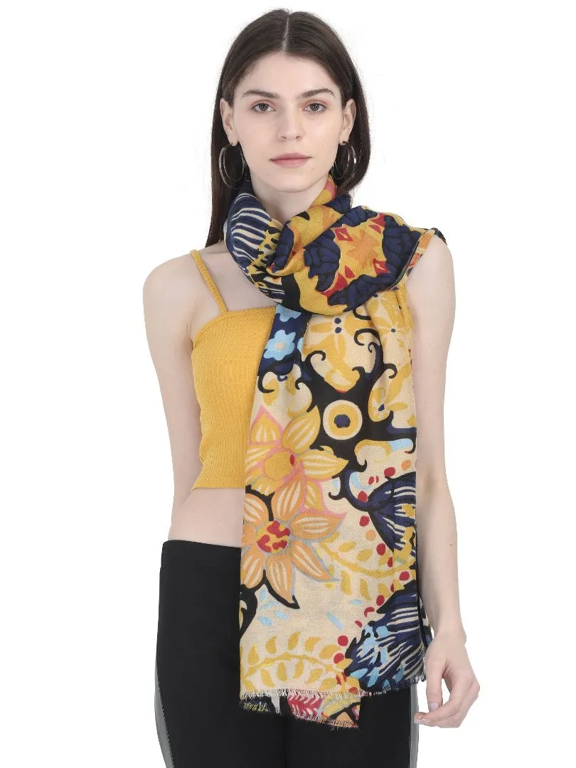 FabSeasons Stylish Yellow Floral Printed Cotton Scarves For Women